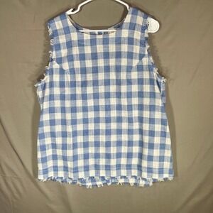 Cotton Bleu Blue White Gingham Check Fringe Tunic Top Size large - Cottagecore
